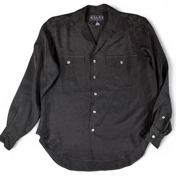 RARE VTG 90s RALPH Ralph Lauren Long Sleeve Button Up Shirt SILK Black Mens 2 M - Picture 1 of 7